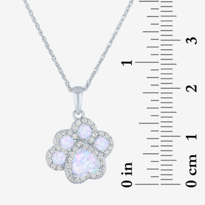 Paw Print Womens Lab Created White Opal Sterling Silver Pendant Necklace