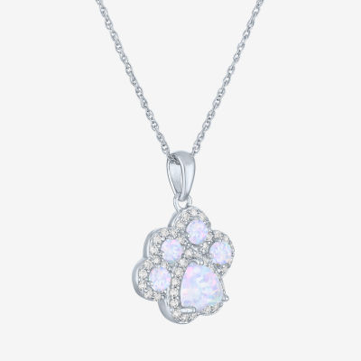 Paw Print Womens Lab Created White Opal Sterling Silver Pendant Necklace