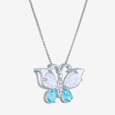 Womens Lab-Created Opal and Genuine Blue Topaz Sterling Silver Butterfly Pendant Necklace