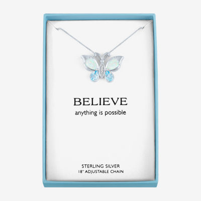 Womens Lab-Created Opal and Genuine Blue Topaz Sterling Silver Butterfly Pendant Necklace