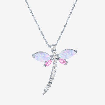 Womens Lab Created White Opal Sterling Silver Dragonfly Pendant Necklace