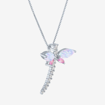 Womens Lab Created White Opal Sterling Silver Dragonfly Pendant Necklace