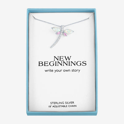 Womens Lab Created White Opal Sterling Silver Dragonfly Pendant Necklace