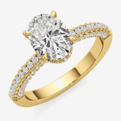 (F / Si2) Womens 2 CT. T.W. Lab Grown White Diamond 10K Gold Oval Side Stone Engagement Ring