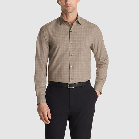 Van Heusen Comfort Performance Mens Slim Fit Stretch Fabric Long Sleeve Dress Shirt, 17-17.5 34-35, Brown