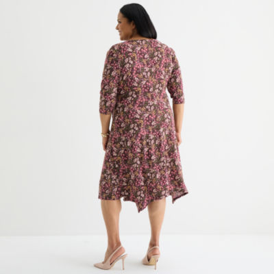 Perceptions Womens Plus 3/4 Sleeve Floral Midi Fit + Flare Dress
