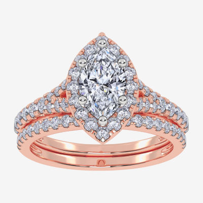 (G / Vs2-Si1) Womens 1 CT. T.W. Lab Grown White Diamond 10K Rose Gold Marquise Side Stone Halo Bridal Set