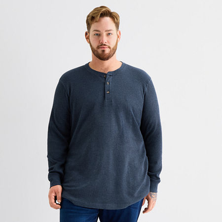 St. John's Bay Waffle Mens Henley Neck Long Sleeve Classic Fit Big And Tall Thermal Top In Blue