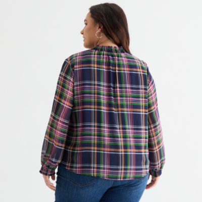 St. John's Bay Womens Plus Split Crew Neck Long Sleeve Blouse