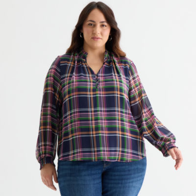 St. John's Bay Womens Plus Split Crew Neck Long Sleeve Blouse