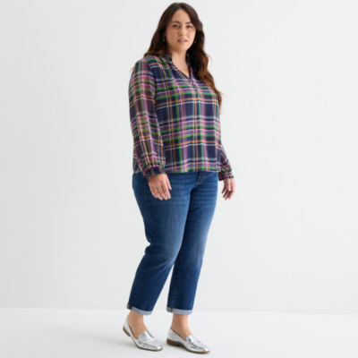 St. John's Bay Womens Plus Split Crew Neck Long Sleeve Blouse