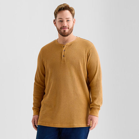 St. John's Bay Waffle Mens Henley Neck Long Sleeve Classic Fit Big And Tall Thermal Top In Brown