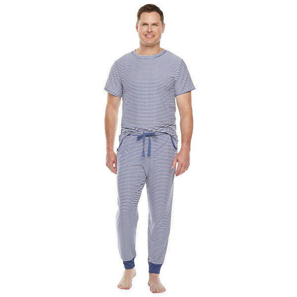 Jaclyn Magazine Stripe Family Sleep Mens Crew Neck Short Sleeve 2-pc. Pant Pajama Set