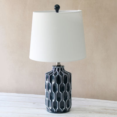Blue Polyresin Table Lamp with White Fabric Shade