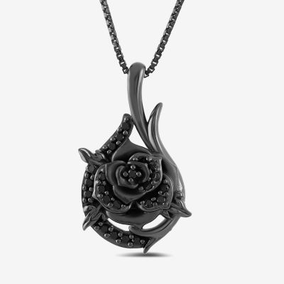 Enchanted Disney Fine Jewelry Womens 1/6 CT. T.W. Natural Black Diamond Sterling Silver Flower 18 Inch Pendant Necklace