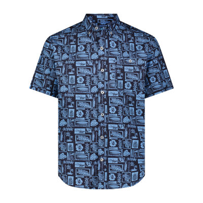 ANGLR Casual Woven Aloha Blueprint Mens Short Sleeve Classic Fit Stretch Fabric Button-Down Shirt