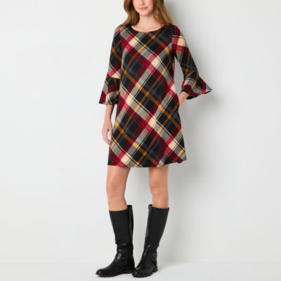 Jessica Howard Plaid Womens Petite 3/4 Sleeve Shift Dress