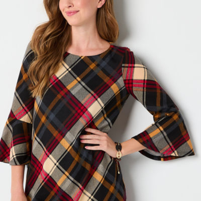 Jessica Howard Plaid Womens Petite 3/4 Sleeve Shift Dress