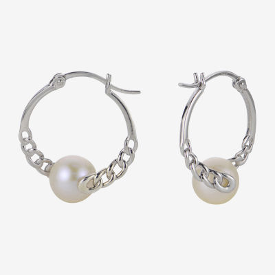 White Cultured Freshwater Pearl Sterling Silver 20mm Hoop Earrings