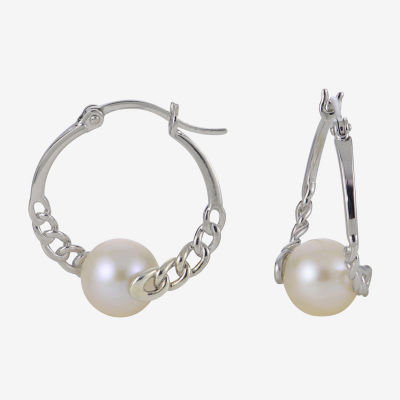 White Cultured Freshwater Pearl Sterling Silver 20mm Hoop Earrings