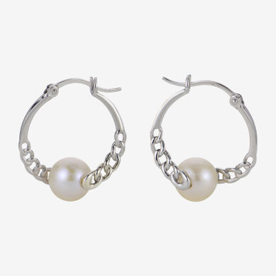 White Cultured Freshwater Pearl Sterling Silver 20mm Hoop Earrings