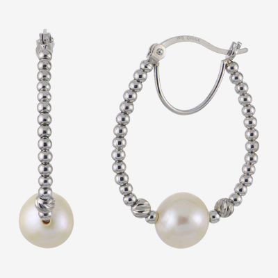 White Cultured Freshwater Pearl Sterling Silver 32mm Hoop Earrings