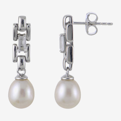 White Cultured Freshwater Pearl Sterling Silver Drop Earrings