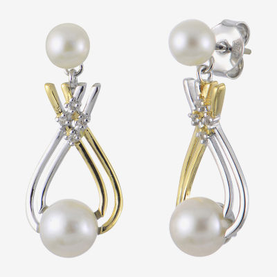 White Cultured Freshwater Pearl 14K Two Tone Gold Over Silver Drop Earrings