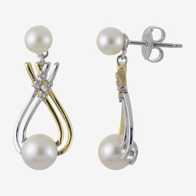 White Cultured Freshwater Pearl 14K Two Tone Gold Over Silver Drop Earrings