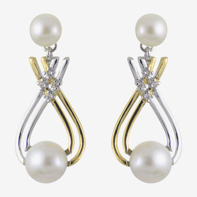 White Cultured Freshwater Pearl 14K Two Tone Gold Over Silver Drop Earrings