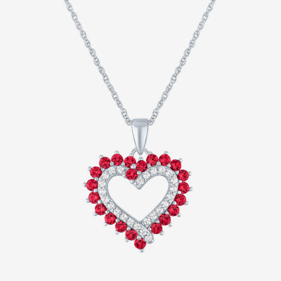 Womens Lab Created Red Ruby Sterling Silver Heart Pendant Necklace