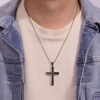 Mens Stainless Steel & Black IP Cross Pendant Necklace