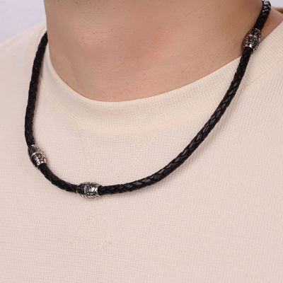 Mens Braided Black Leather Stainless Steel Necklace