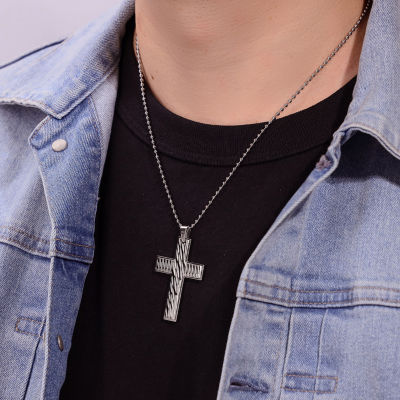 Mens Stainless Steel Textured Cross Pendant Necklace