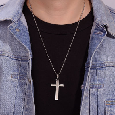 Mens Stainless Steel Double Layer Cross Pendant Necklace