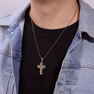 Mens Stainless Steel and Camouflage Cross Pendant Necklace