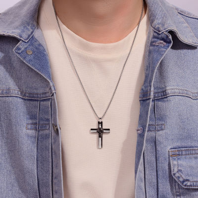 Mens 1/6 CT. T.W. Diamond Black Stainless Steel Cross Pendant Necklace