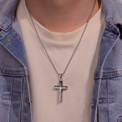 Mens Two-Tone Stainless Steel Cross Pendant Necklace