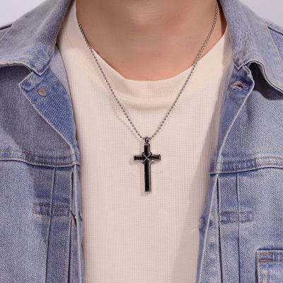 Mens Two-tone Stainless Steel Cross Pendant Necklace with Antique Finish Plating