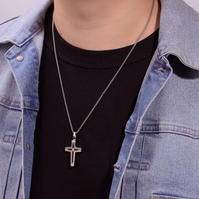 Mens Diamond Accent Stainless Steel Cross Pendant Necklace