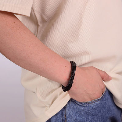 Mens Black Leather Bracelet with Stainless Steel Magnetic Clasp