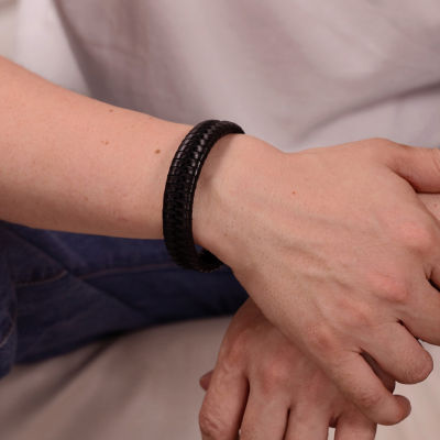 Mens Black Leather with Stainless Steel Bracelet