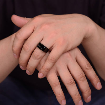 Mens Black Agate Stainless Steel Band Ring