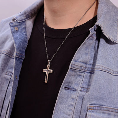 Mens Stainless Steel & Rose-Tone IP Cross Pendant Necklace