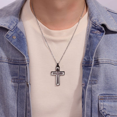 Mens Stainless Steel & Black IP w/Carbon Fiber Inlay Cross Pendant Necklace