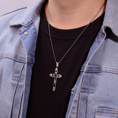 Mens Stainless Steel & Black IP Cross Pendant