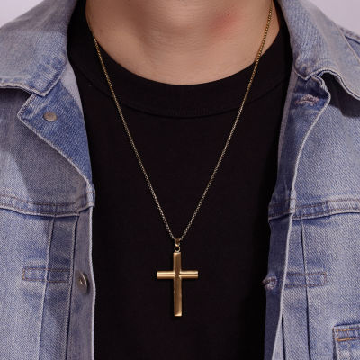 Mens Gold Ion Plated Stainless Steel Cross Pendant Necklace