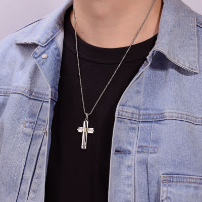 Mens Cubic Zirconia Stainless Steel Cross 24 Inch Pendant Necklace