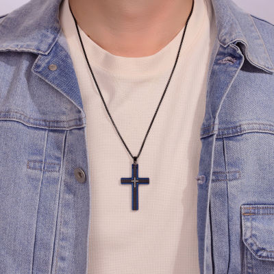 Mens White Cubic Zirconia Stainless Steel Cross 24 Inch Pendant Necklace
