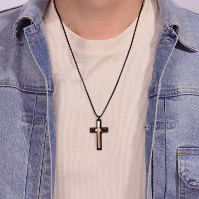 Mens White Cubic Zirconia Stainless Steel Cross 24 Inch Pendant Necklace